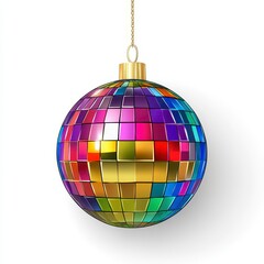 Obraz premium Colorful Disco Ball Christmas Ornament Hanging on Gold Chain Decoration