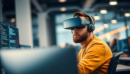 Futuristic Vision: VR User Interacts with Technology Amidst a Dynamic Work Environment