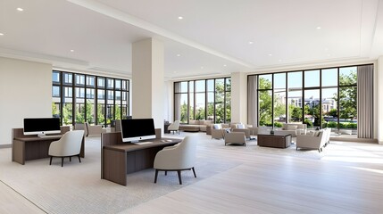 Fototapeta premium Contemporary Office Hub, A sleek workspace featuring modern computers, minimalist design, vibrant decor, fostering creativity and collaboration.