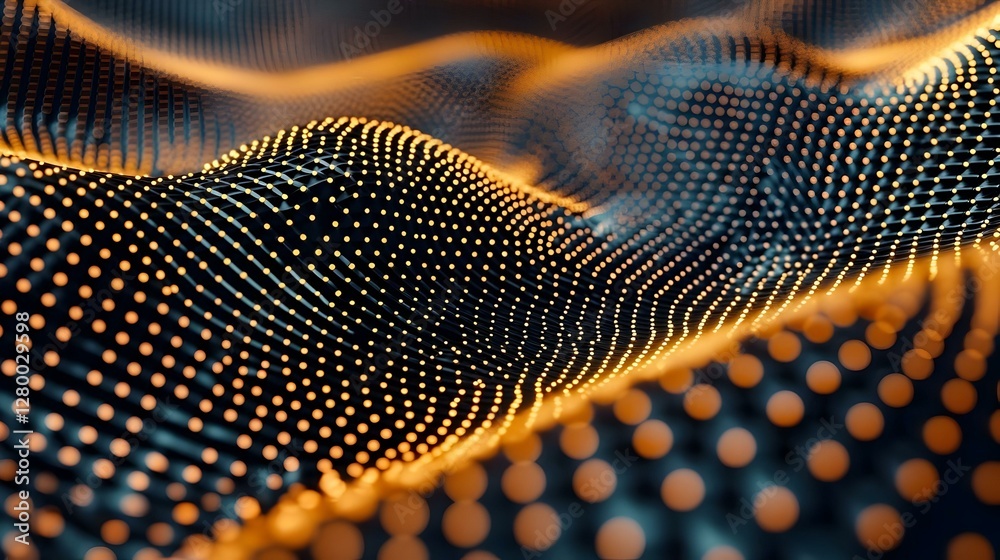 Poster luminous wave of dots, an abstract composition featuring glowing dots seamlessly forming a dynamic w
