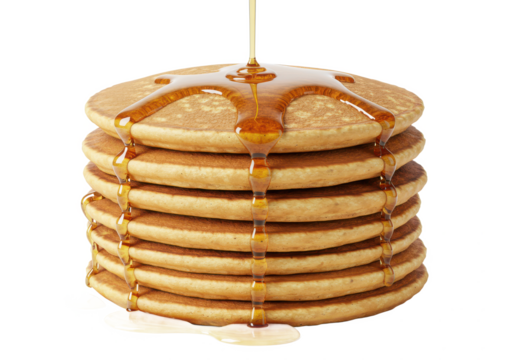Pancakes stacked with maple syrup isolated on white background, front view, no depth of field, sharp.
