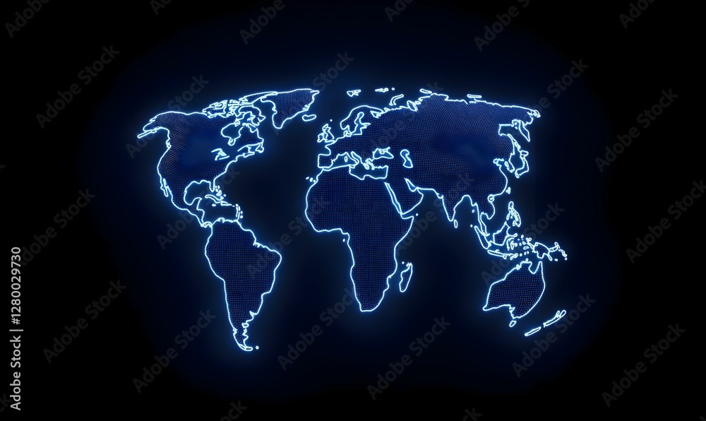 Poster glowing digital globe, a vibrant depiction of a world map illuminated by intricate patterns, symboli