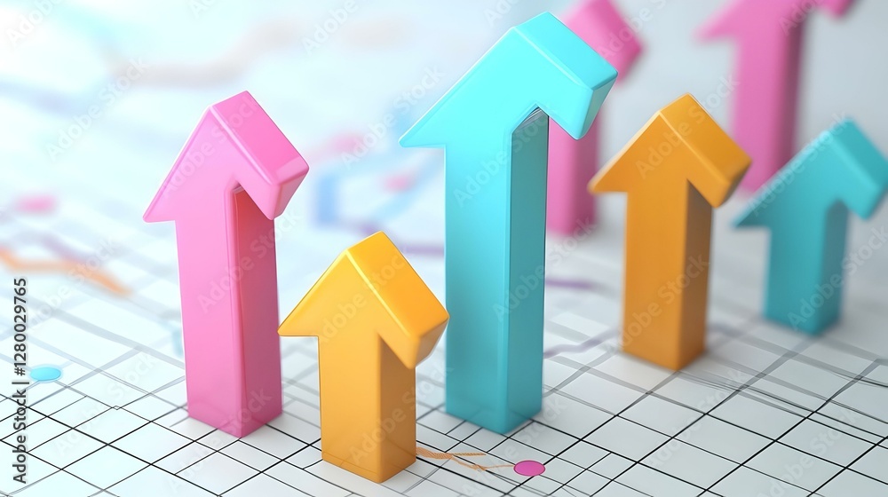 Poster dynamic upward arrows and graph lines in vibrant colors, symbolizing growth, progress, and innovatio