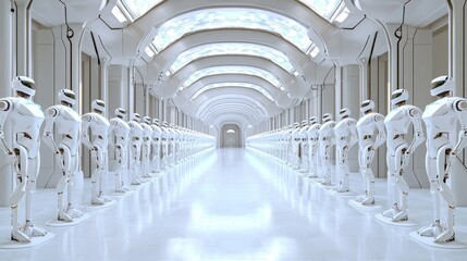 Obraz premium Rows of Futuristic Robots in a Sleek Sci-Fi Environment