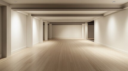 Fototapeta premium Spacious renovated basement with sleek flooring and neutral walls.