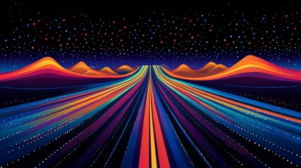 Retro pixelated landscape with vibrant neon streaks radiating towards a distant horizon under a star-filled night sky evokes nostalgia