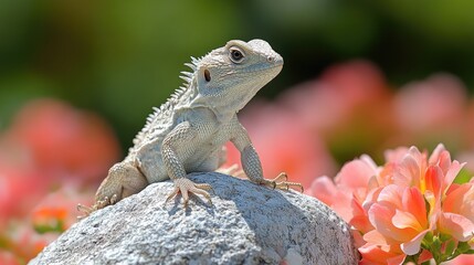 Fototapeta premium Lizard posing on rock, floral background, garden, wildlife