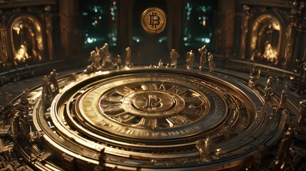 Obraz premium Golden Bitcoin Symbol Surrounded by Intricate Metallic Structures