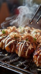 Street-style takoyaki, octopus balls drizzled with mayo and bonito flakes.
