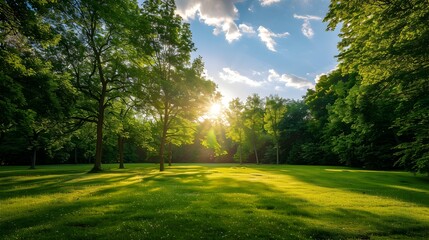 Sunlit Glade, A Serene Green Meadow Landscape with Lush Trees