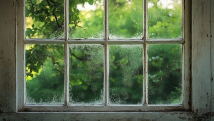 Dusty window pane view of summer foliage