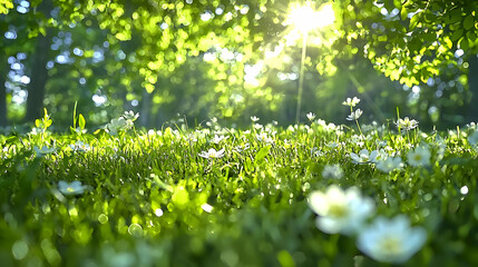 Fototapeta premium Small white wildflowers bloom in a lush green forest meadow under bright morning sunlight.