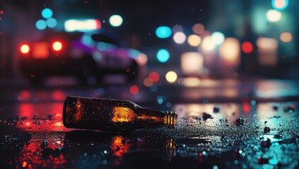 Abandoned beer bottle on wet city street at night with police car