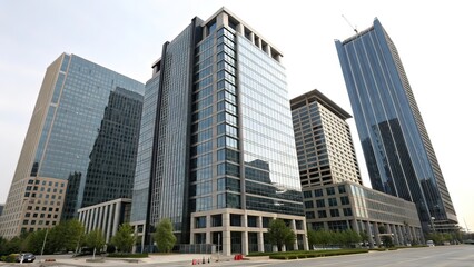 Obraz premium Modern Office Building with Glass Facade and Reflections in Cityscape