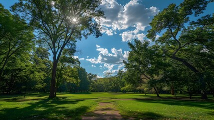 Obraz premium Scenic Pathway through a Lush Green Park Under a Bright Blue Sky