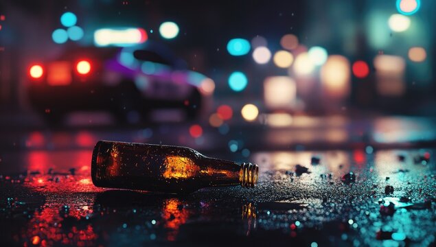 Abandoned beer bottle on wet city street at night with police car