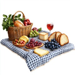 Picnic basket filled with fresh fruits, bread, cheese, and wine on a checkered tablecloth ready for outdoor gathering