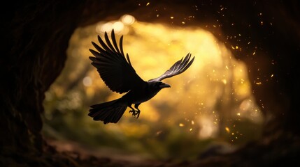 Fototapeta premium Majestic crow soaring through a mystical forest cave