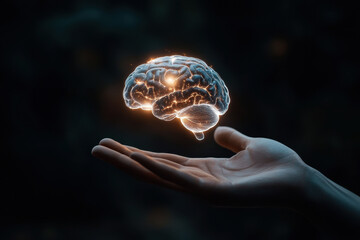 human hands hold brain model health concept.
