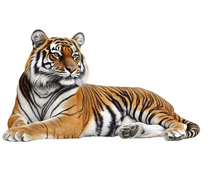 Fototapeta premium Tiger lying down, studio shot, isolated white background