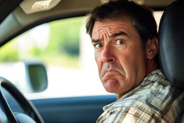 Obraz premium Concerned middle aged man in a car showing frustration or worry with a blurred background, ideal for themes of stress or communication issues