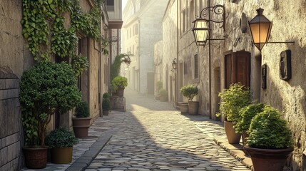 Obraz premium Serene European Cobblestone Street bathed in Sunlight
