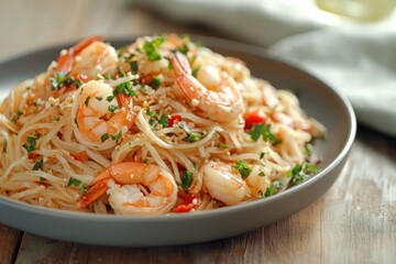 Pad Thai, stir-fried rice noodles with shrimps and vegetables