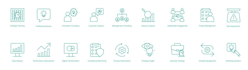 Strategic Planning, Professional Advice, Innovation Consulting, and Customer Analytics Icons