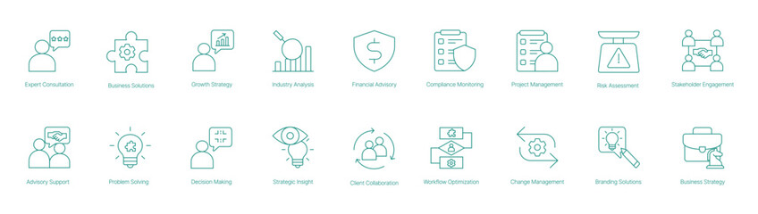 Expert Consultation, Business Solutions, Growth Strategy, and Industry Analysis Icons