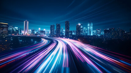 Fototapeta premium City Night Scene with Highway and Skyline Lights