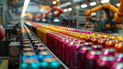 Robotic arms efficiently handle vibrant cans in a busy beverage production line. The industrial setting is filled with technology, showcasing automation and organization.