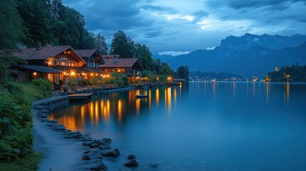 Lakeside chalet homes illuminated at dusk