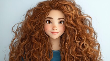 Fototapeta premium Smiling Young Woman With Long Auburn Curly Hair And Freckles Digital