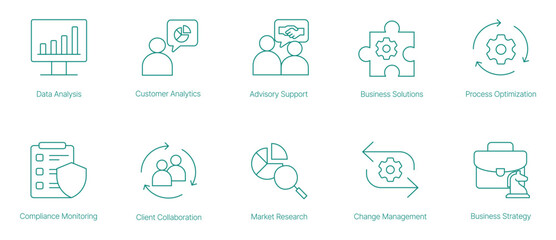 Data Analysis, Customer Analytics, Advisory Support, and Business Solutions Icons