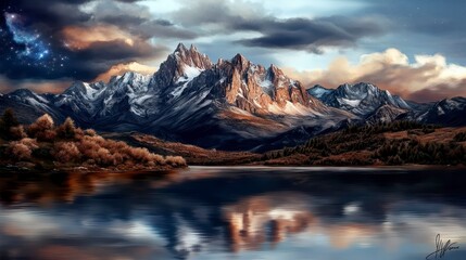 Fototapeta premium Snow Capped Mountains Reflected in a Serene Lake at Sunset