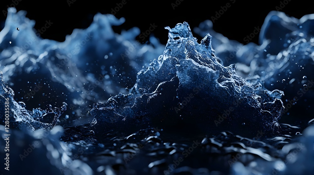 Poster abstract blue particles swirling gracefully, illuminated by dynamic light, creating a mesmerizing vi