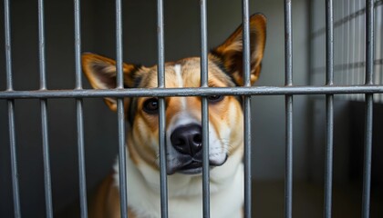 A close-up of a sad dog behind the bars of a cage
