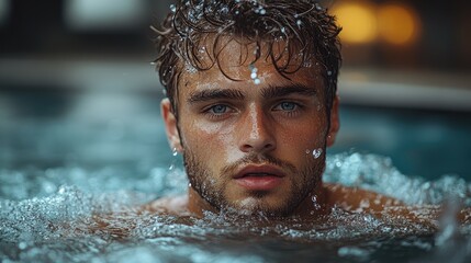 Man, pool, water, droplets, relaxation, luxury, villa, background