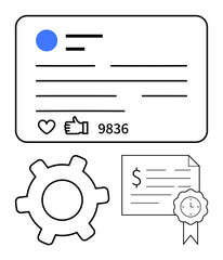 Social media post with engagement metrics, gear symbol for settings, certificate with dollar sign, ribbon, clock. Ideal for business, social media, engagement, automation certification time