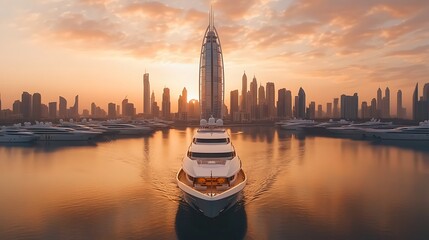 Luxury yacht cruise at sunset dubai skyline aerial view serene atmosphere travel photography