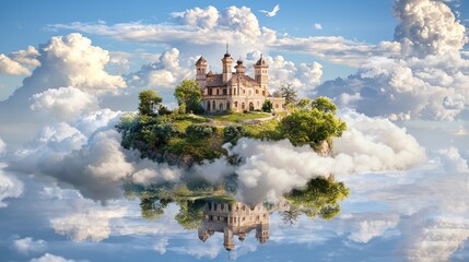 Majestic Fantasy Castle on Clouds with Reflection in Serene Sky © SETSU ST