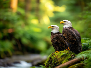 Majestic Bald Eagles Perched on Mossy Rock by Stream in Lush Green Forest Setting