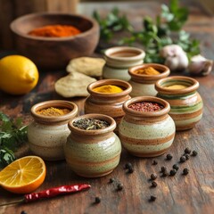 Assorted spices in rustic ceramic jars on wooden table with herbs and citrus