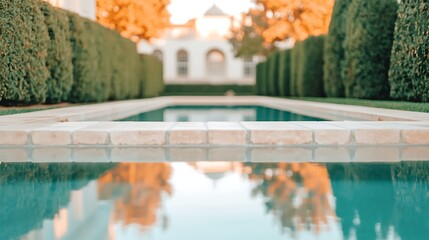 Tranquil reflection pool serene garden outdoor photography autumn colors aerial view peaceful atmosphere