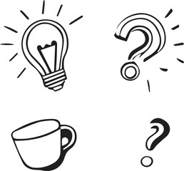Coffee cup and light bulb doodle set. Hand drawn vector illustration.