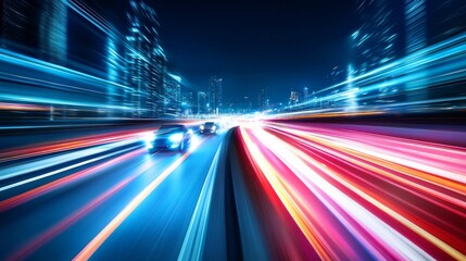 Drag racing car speeding on a highway through neon-lit city streets at night. Featuring futuristic technology and speed