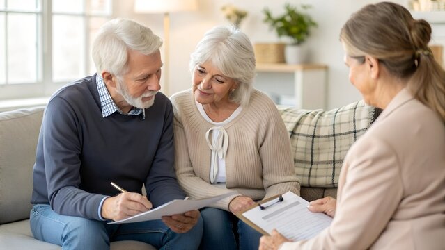 Senior Couple Reviewing Documents with Financial Advisor at Home - Powered by Adobe