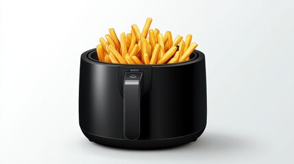 Modern air fryer filled with crispy golden fries against a clean white backdrop, ideal for cooking