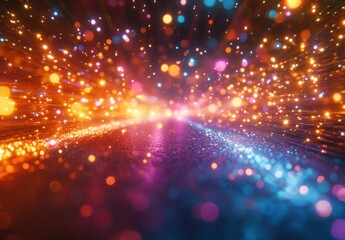 Fototapeta premium Glowing Particles with Bright Bokeh Effect Creating a Magical Atmosphere in Dynamic Color Range and Soft Focus on a Dark Background
