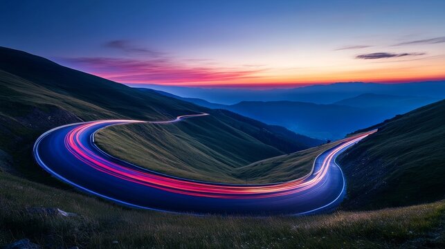 Drag racing car speeding on a mountain road at dusk. Featuring agility and power